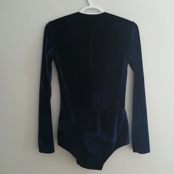 Reformation Avalon Blue Velvet Lace Up Bodysuit Plunging V-Neck Pong Sleeve XS - Picture 4 of 16